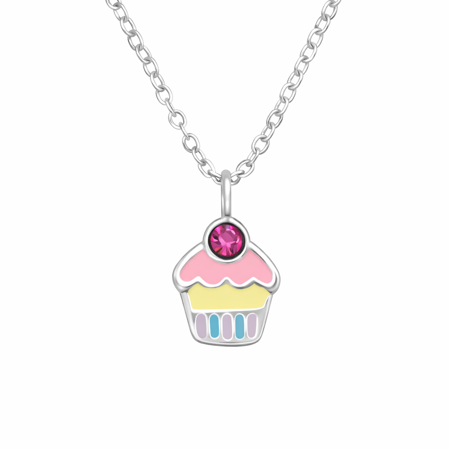 Kids Sterling Silver Pink Cupcake Necklace by Melchior Jewellery with pink enamel icing and multicoloured pastel base charm