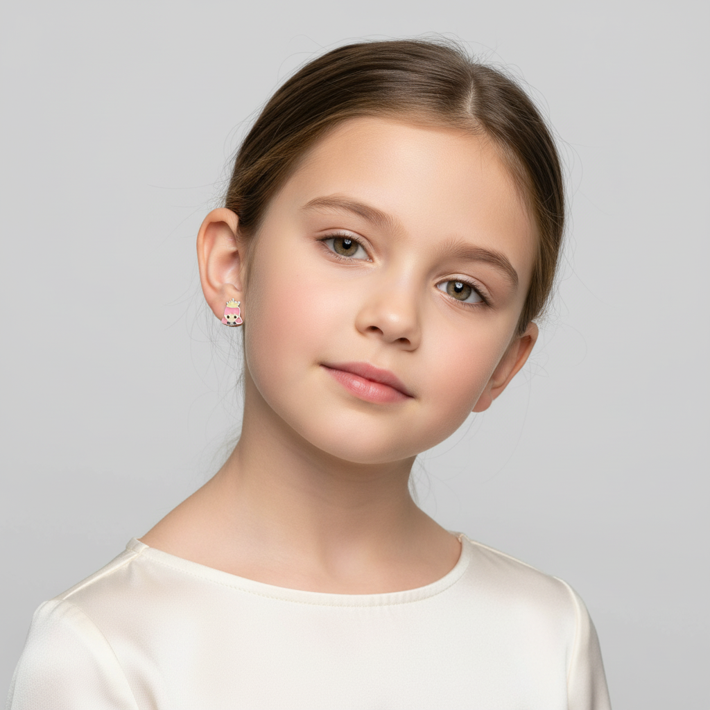 Young girl wearing kids sterling silver princess earrings from Melchior Jewellery in a white top