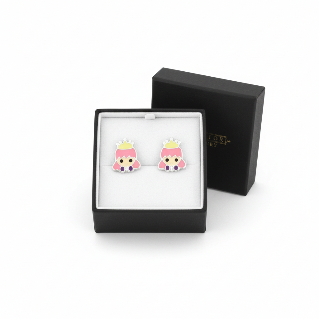 Kids sterling silver princess earrings with pink enamel in a black Melchior Jewellery box