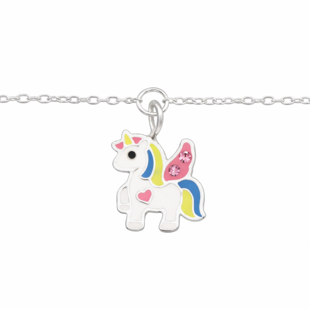 Kids sterling silver unicorn bracelet by Melchior Jewellery with colourful enamel charm and pink crystals
