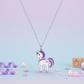 Melchior Jewellery kids unicorn pendant silver necklace with purple and pink details on pastel background