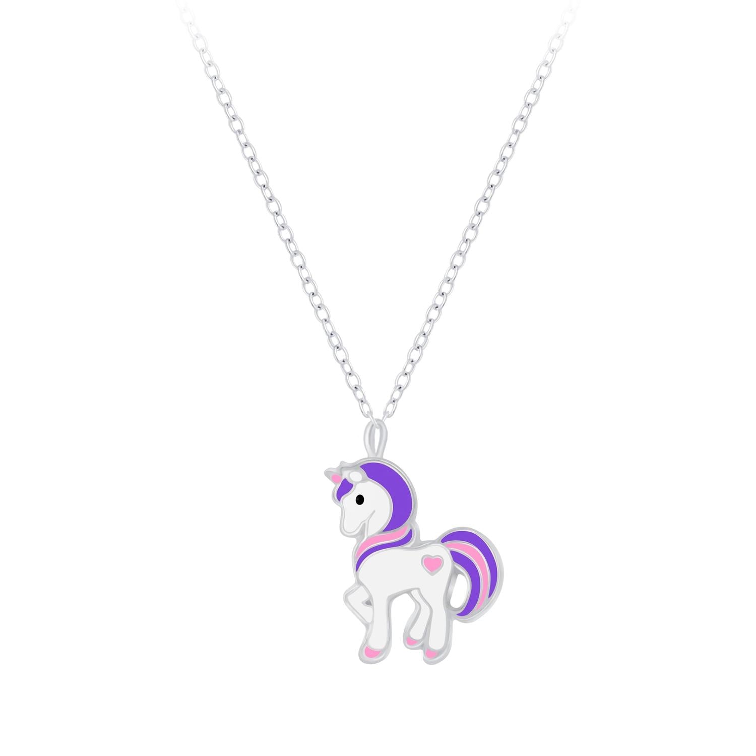 Kids unicorn pendant silver necklace by Melchior Jewellery with purple and pink details for children