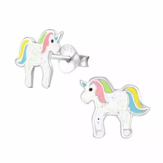 Kids white glitter unicorn stud earrings by Melchior Jewellery in silver with colourful details
