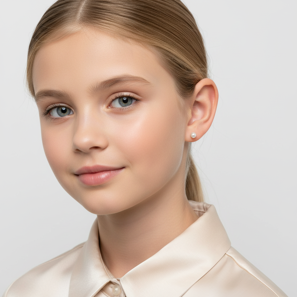 Melchior Jewellery kids white pearl stud earrings worn by a young girl with a cream satin blouse