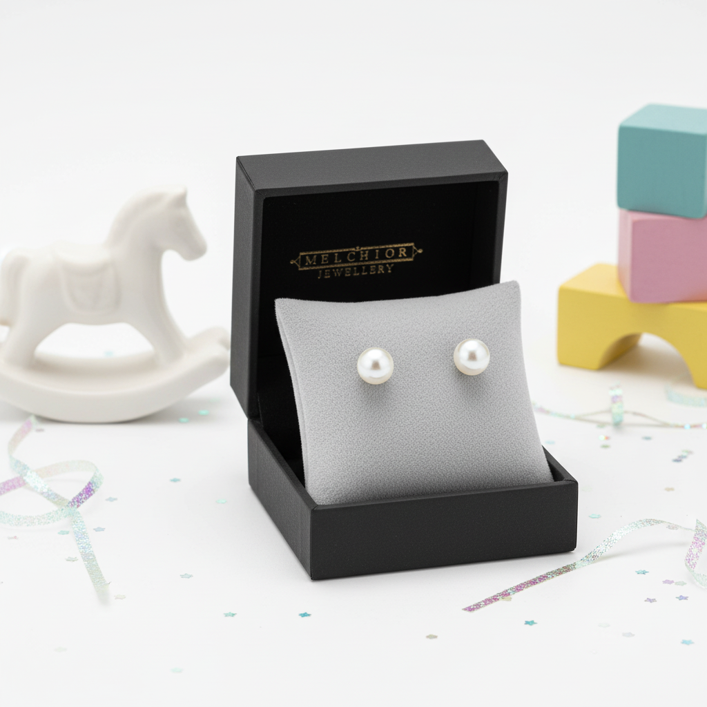 Kids white pearl stud earrings by Melchior Jewellery displayed in black cushion box with decorative toys background