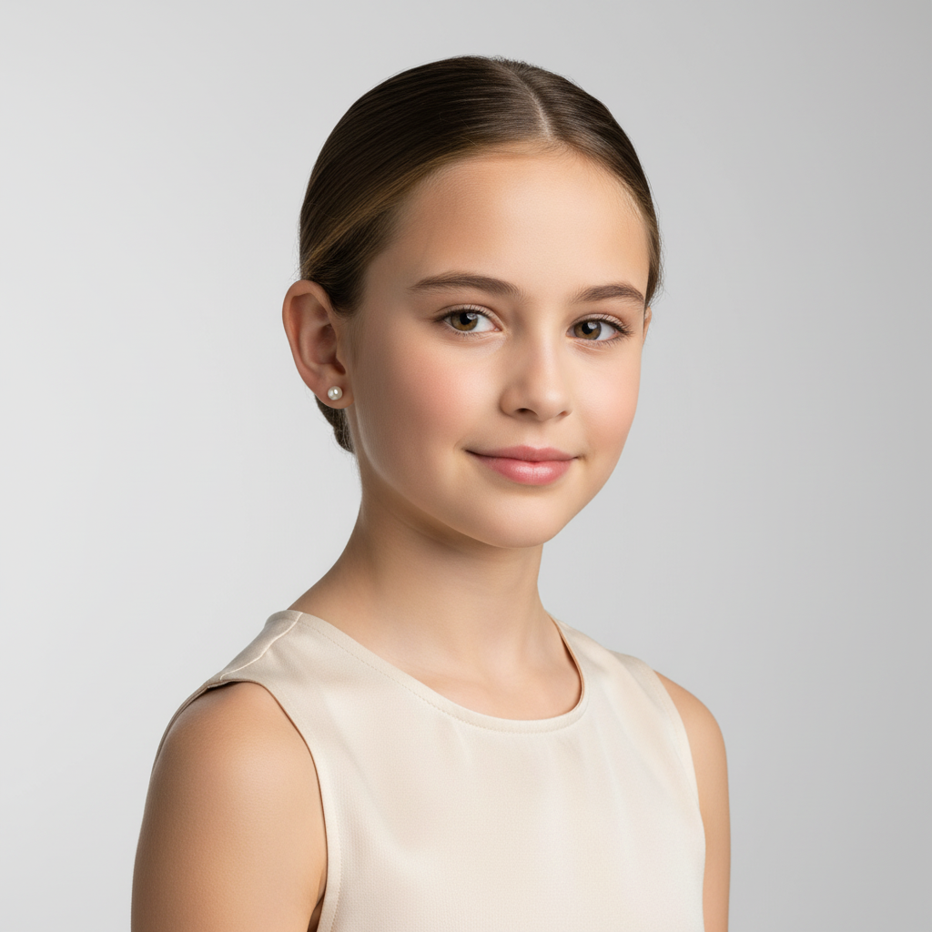 Young girl wearing Melchior Jewellery kids white pearl stud earrings with a subtle smile