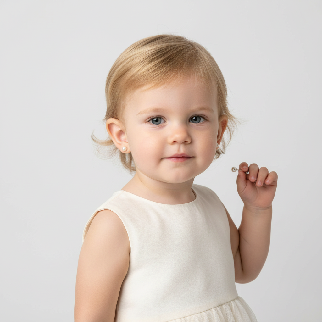 Toddler wearing kids white pearl stud earrings by Melchior Jewellery in white dress