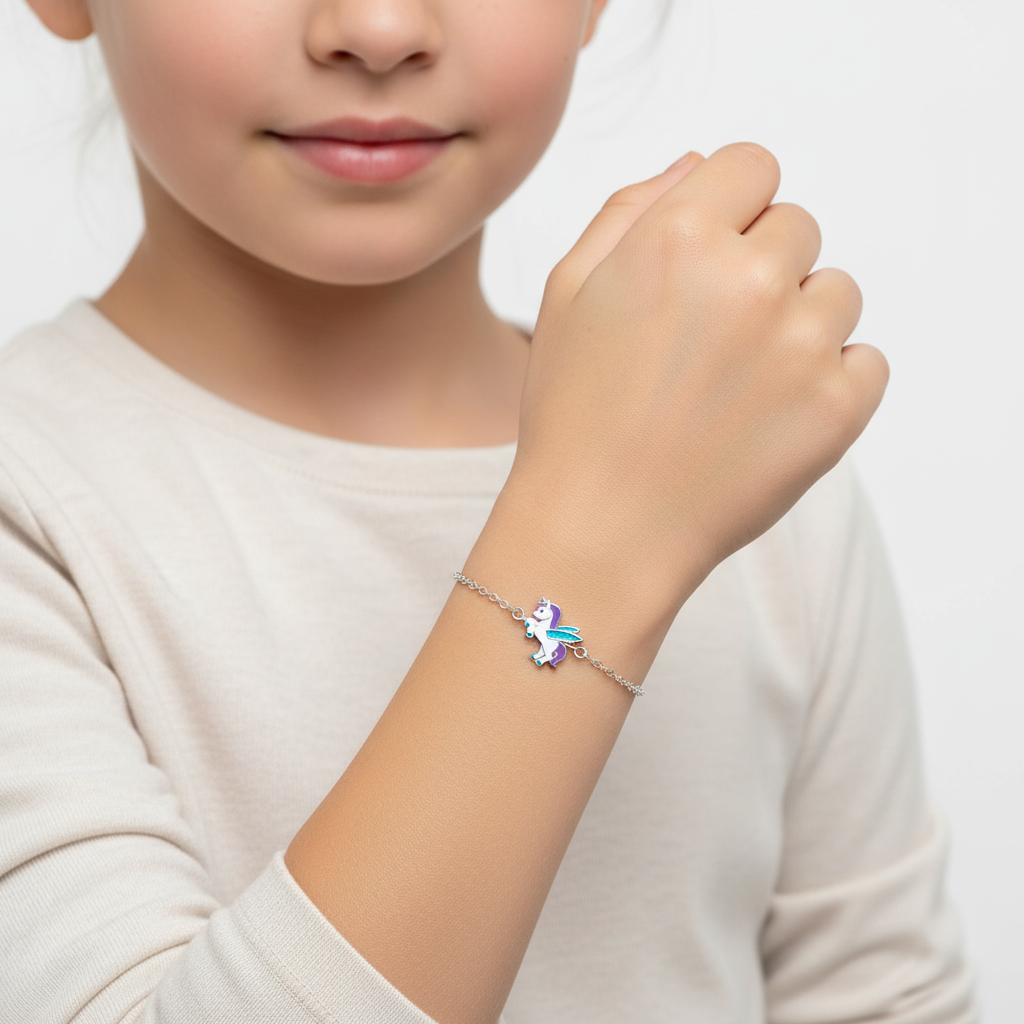 Melchior Jewellery kids winged unicorn charm bracelet on a child's wrist with silver chain