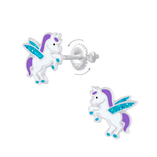Melchior Jewellery kids winged unicorn screw back earrings in white with purple and blue accents