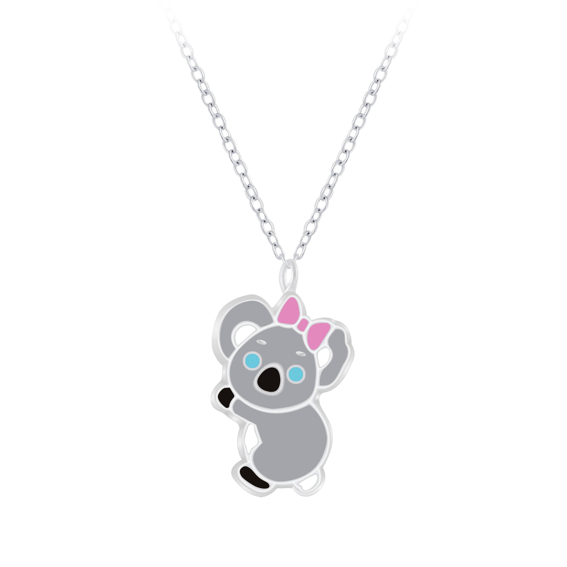 Melchior Jewellery childrens necklace with cute koala bear pendant featuring pink bow on silver chain