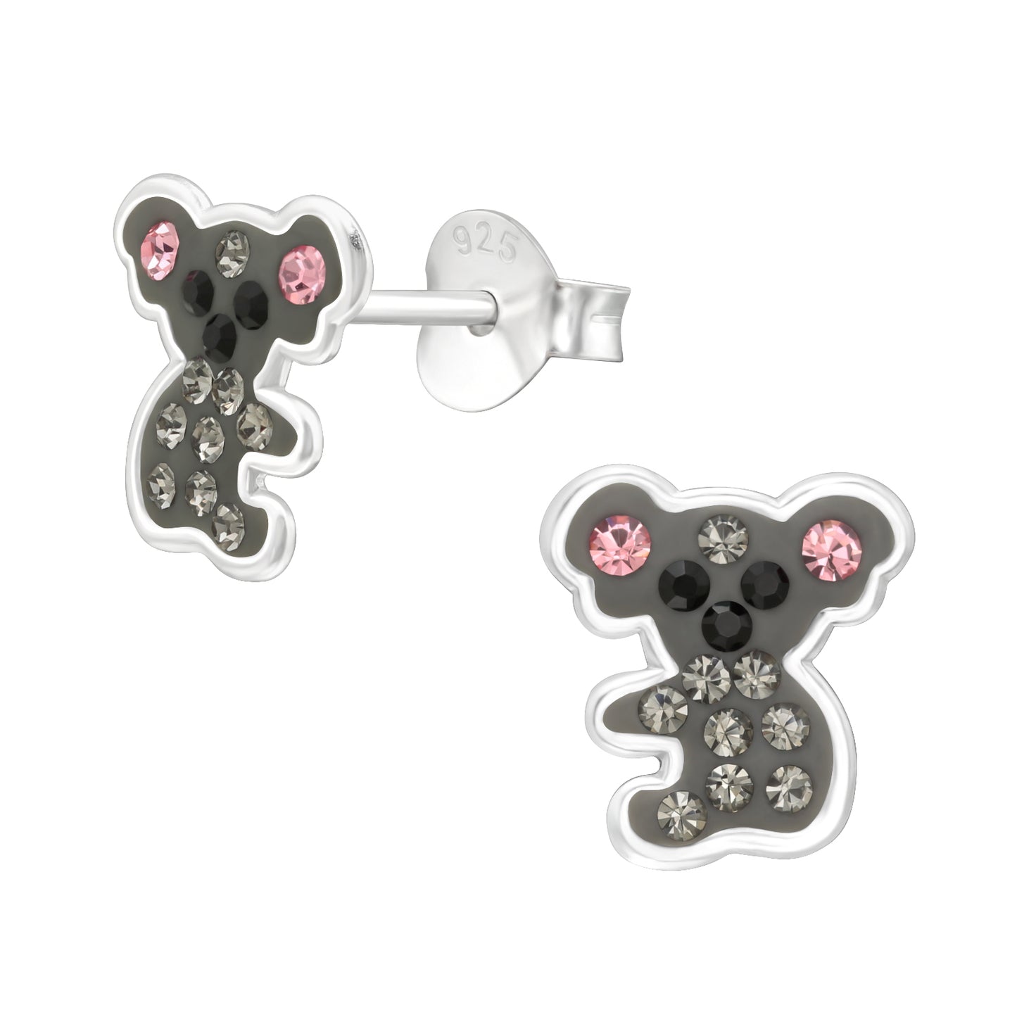 Melchior Jewellery koala earrings for children in silver with pink and black crystal details
