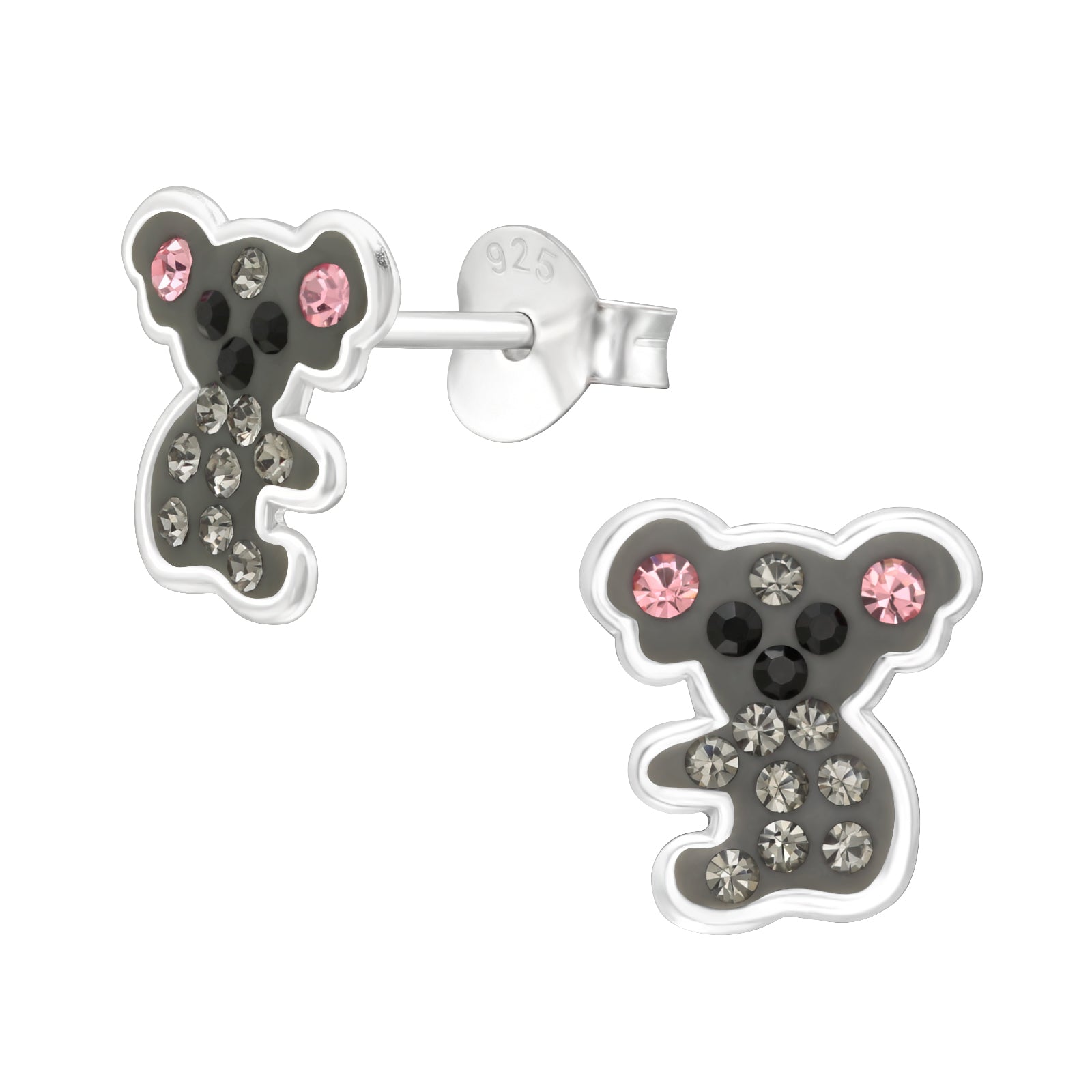 Melchior Jewellery koala earrings for children in silver with pink and black crystal details