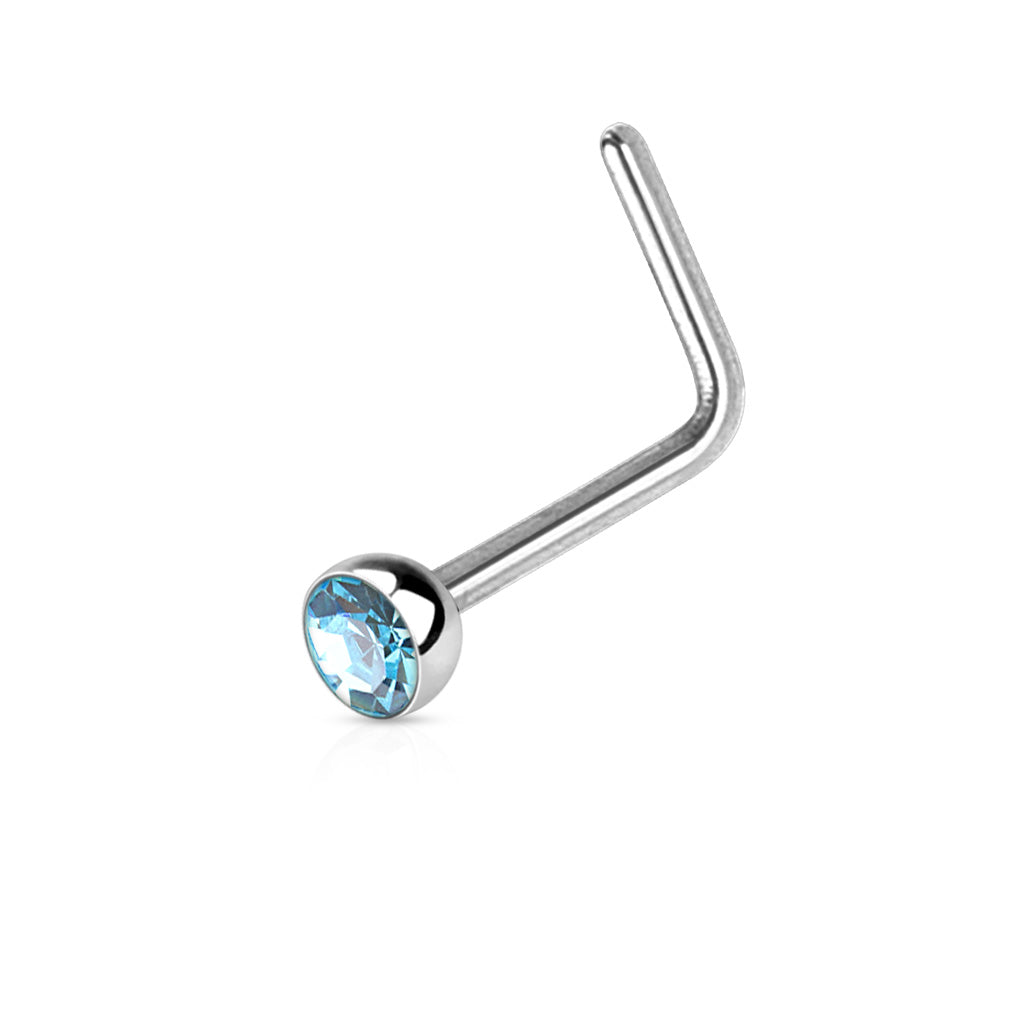 Melchior Jewellery L shaped nose ring with gemstone silver L shaped nose stud with light blue bezel set crystal