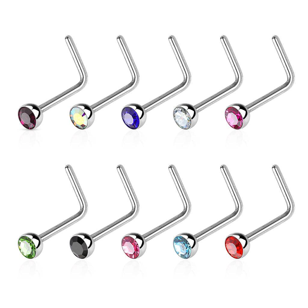 Melchior Jewellery L shaped nose ring with gemstone set of assorted silver studs in multiple colours