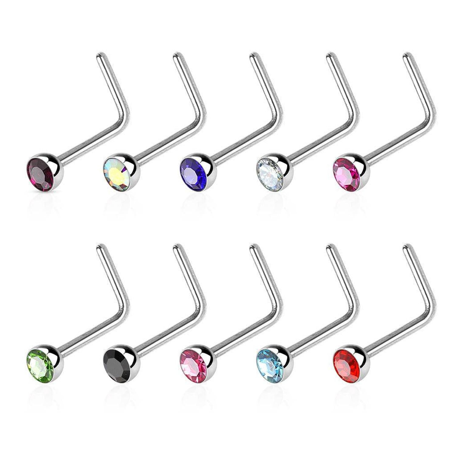 Melchior Jewellery L shaped nose ring with gemstone set of assorted silver studs in multiple colours