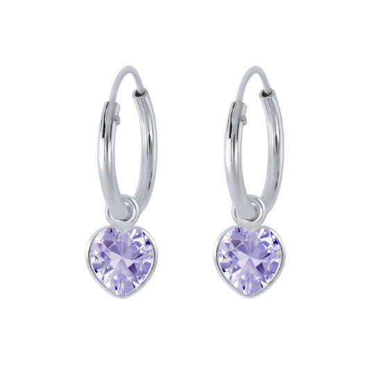 Melchior Jewellery lavender heart hoop earrings for kids with silver hoops and purple heart charms