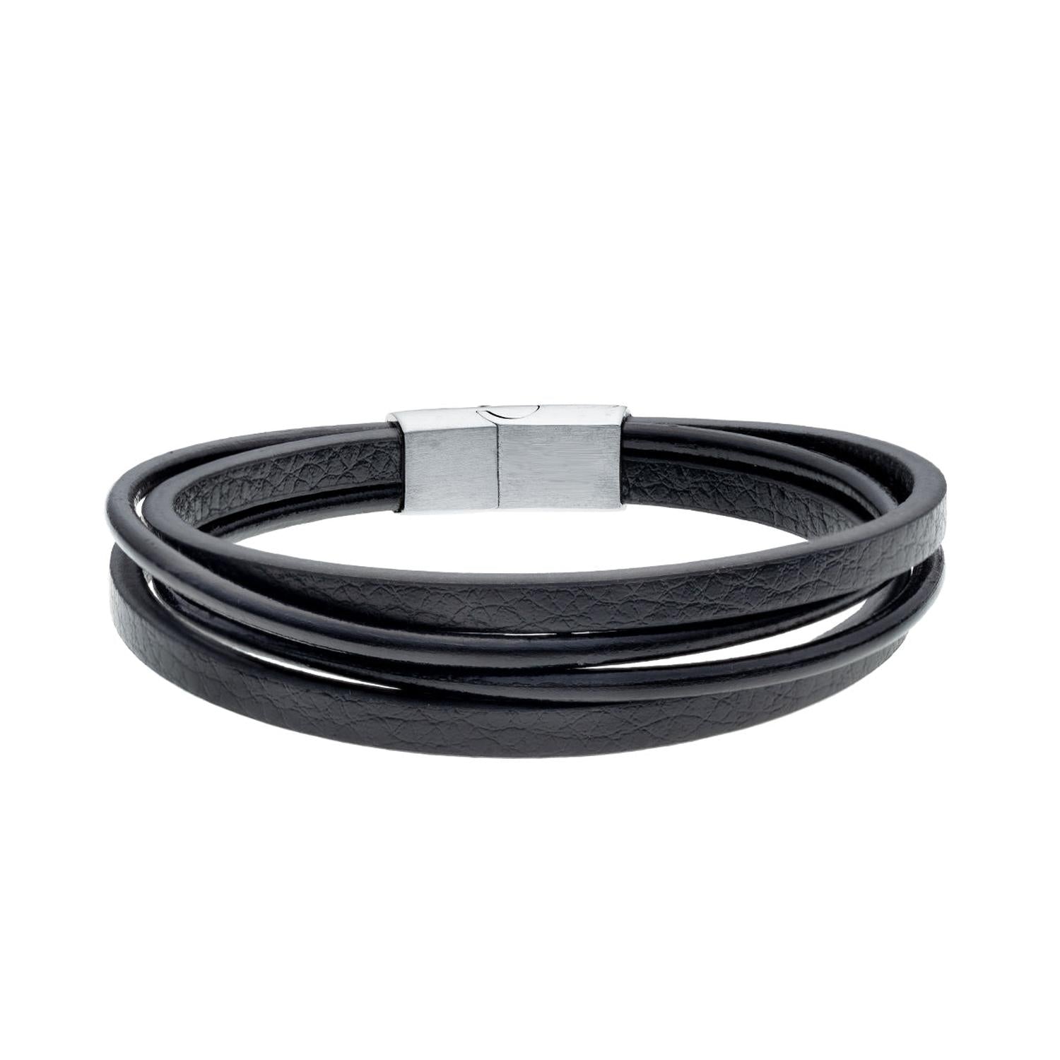Black leather and stainless steel bracelet by Sentiell with magnetic clasp for men