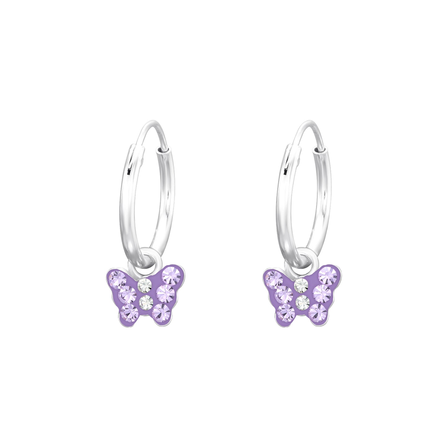 Melchior Jewellery lilac butterfly hoop earrings for kids with silver hoops and sparkling crystals