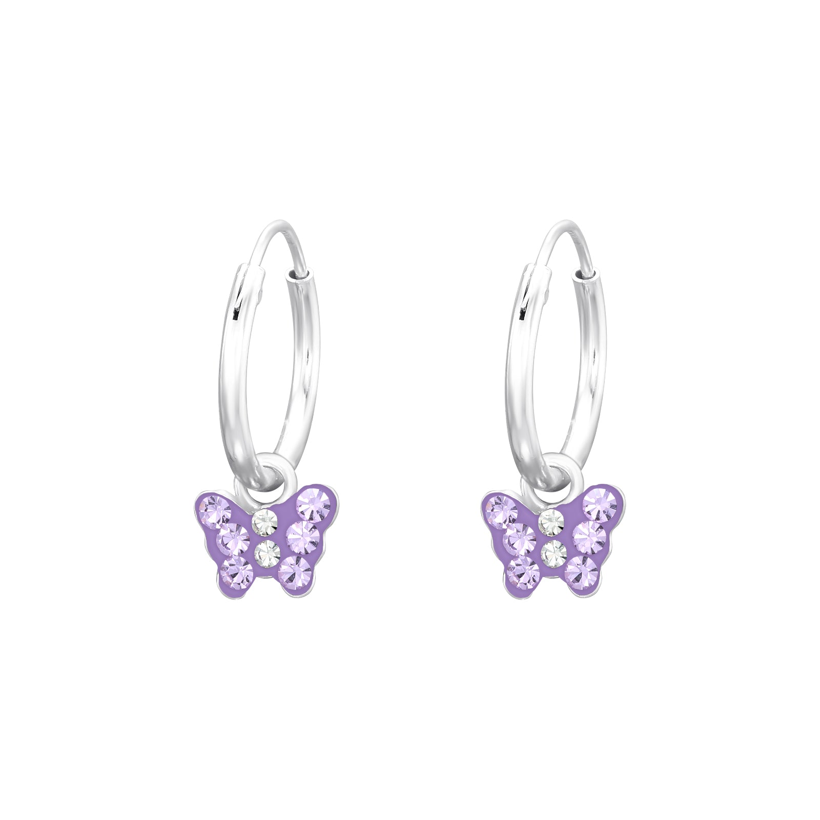 Melchior Jewellery lilac butterfly hoop earrings for kids with silver hoops and sparkling crystals