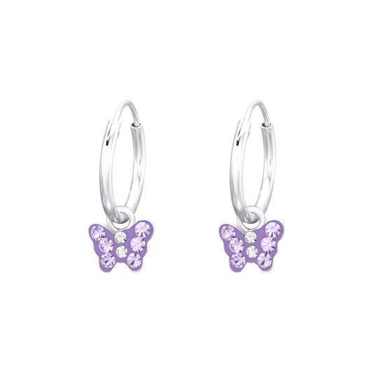 Melchior Jewellery lilac butterfly hoop earrings for kids with silver hoops and sparkling crystals
