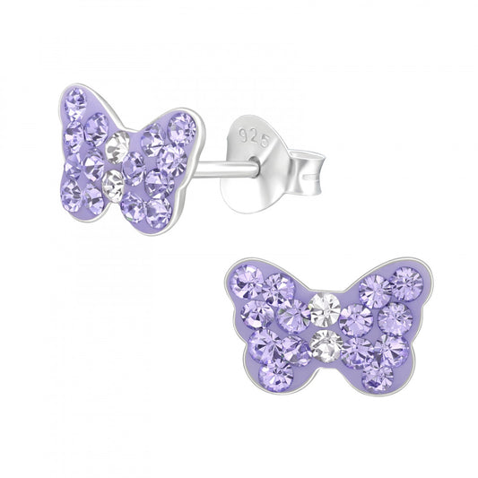 Melchior Jewellery lilac butterfly stud earrings for girls with sparkling crystals in sterling silver