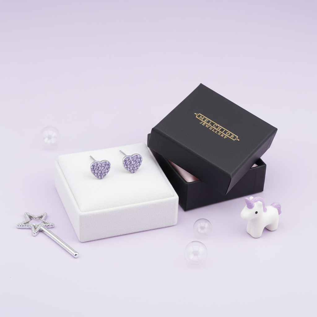 Melchior Jewellery lilac crystal stud earrings for kids in heart shape with black gift box on purple background