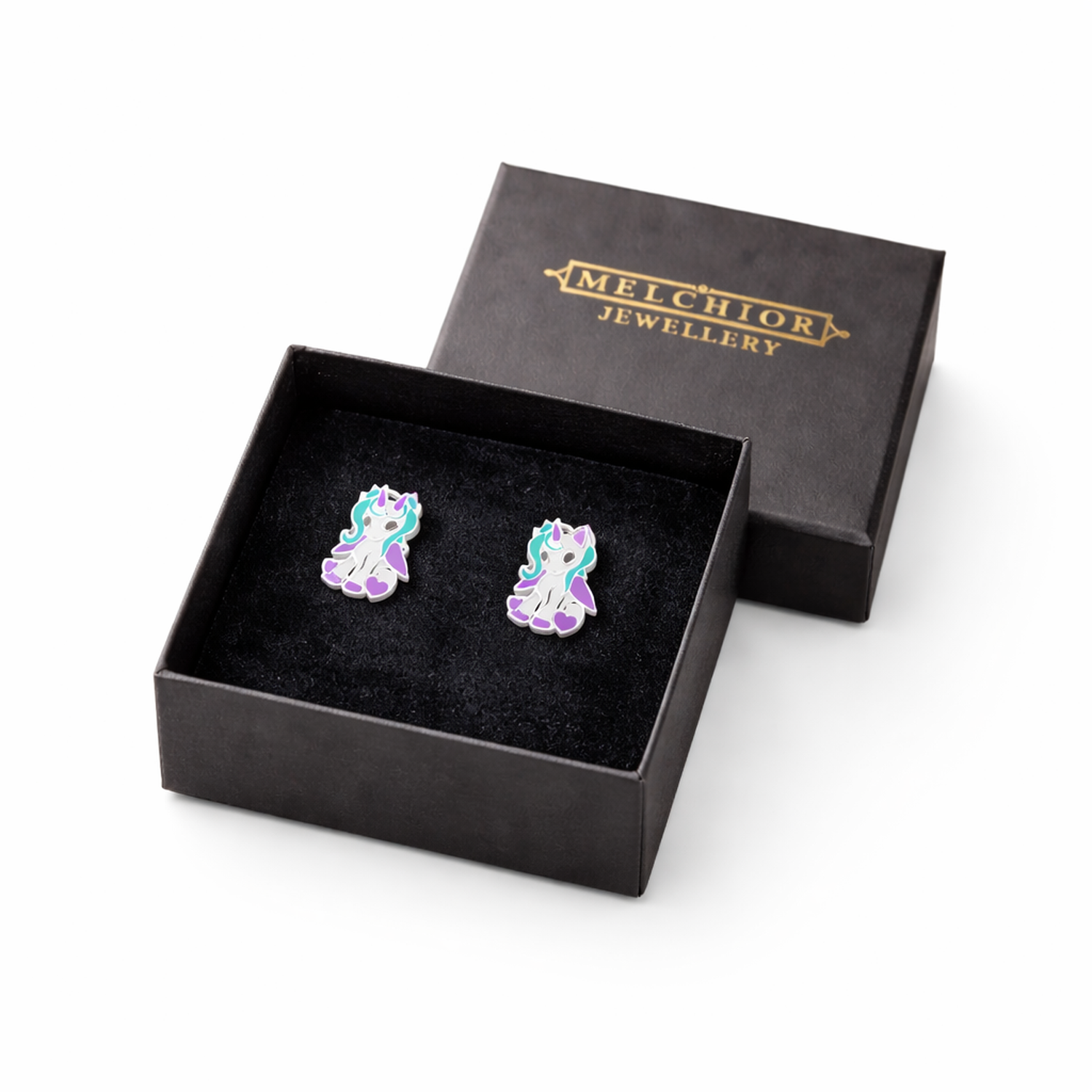 Melchior Jewellery little girls unicorn studs in black gift box with gold logo