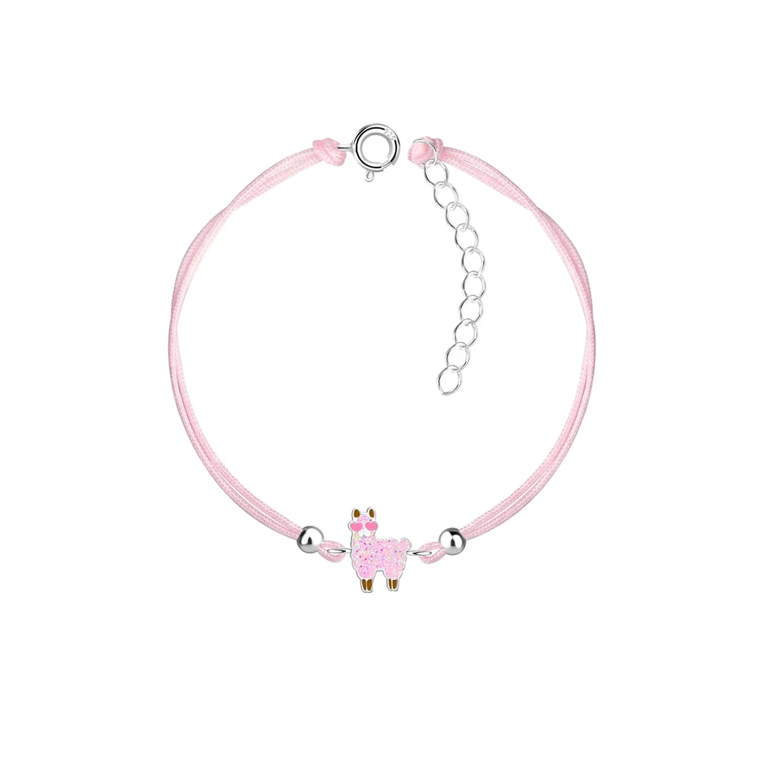 Melchior Jewellery pink adjustable llama charm bracelet girls with silver beads and clasp