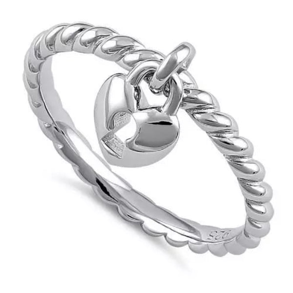 Melchior Jewellery silver lock heart dangle ring with twisted band wedding ring design