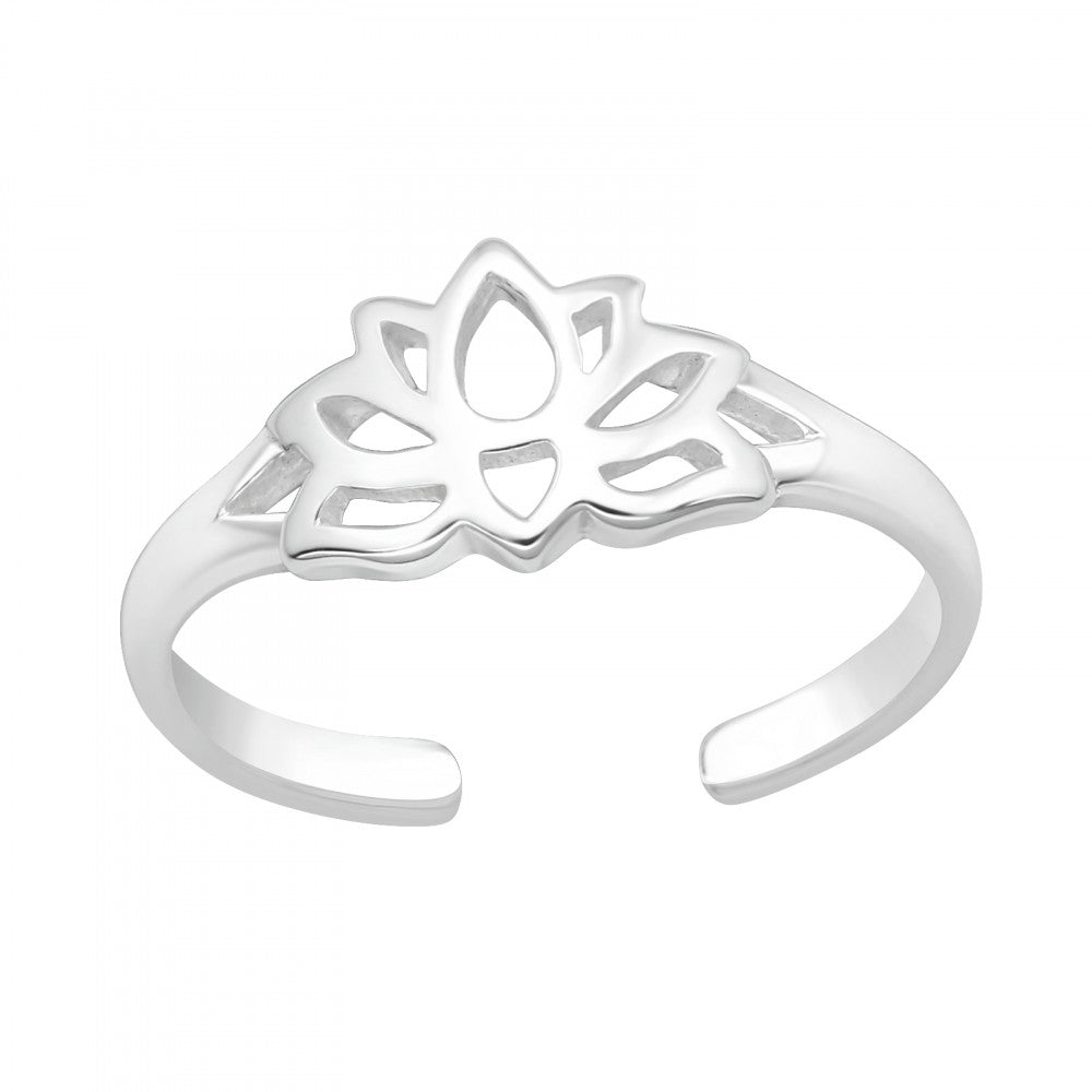 Silver lotus toe ring by Melchior Jewellery with openwork lotus flower design and adjustable band