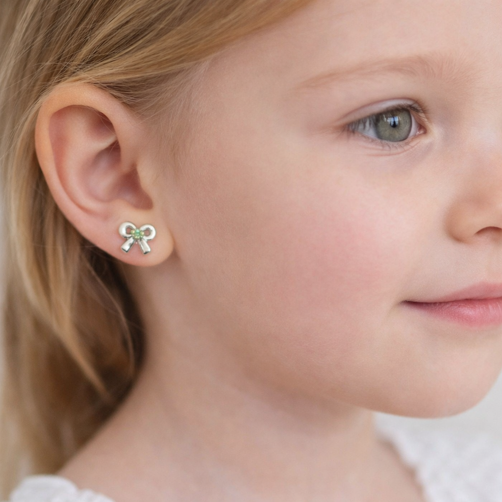 May birthstone stud earrings for kids by Melchior Jewellery worn by young girl, silver bow design