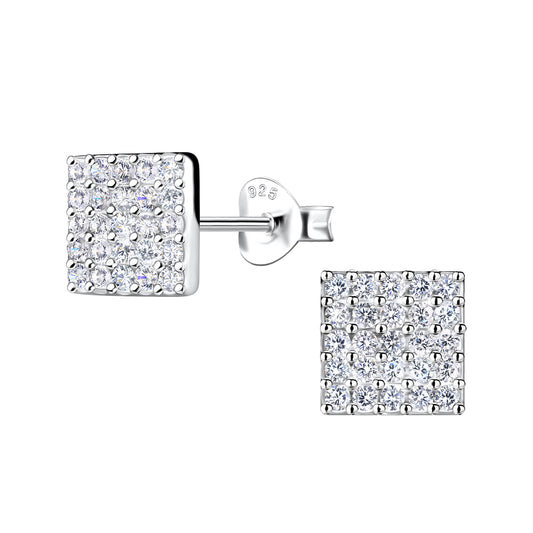 Mens 7mm silver earring square stud design with multiple small sparkling stones by Melchior Jewellery