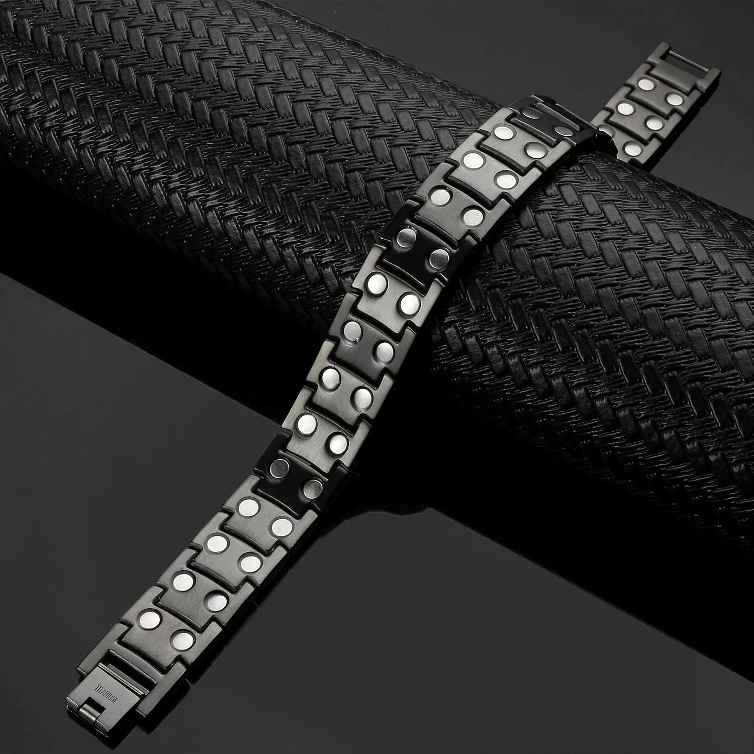 Melchior Jewellery mens gun metal titanium bracelet with magnetic ceramic inlays on brushed link design