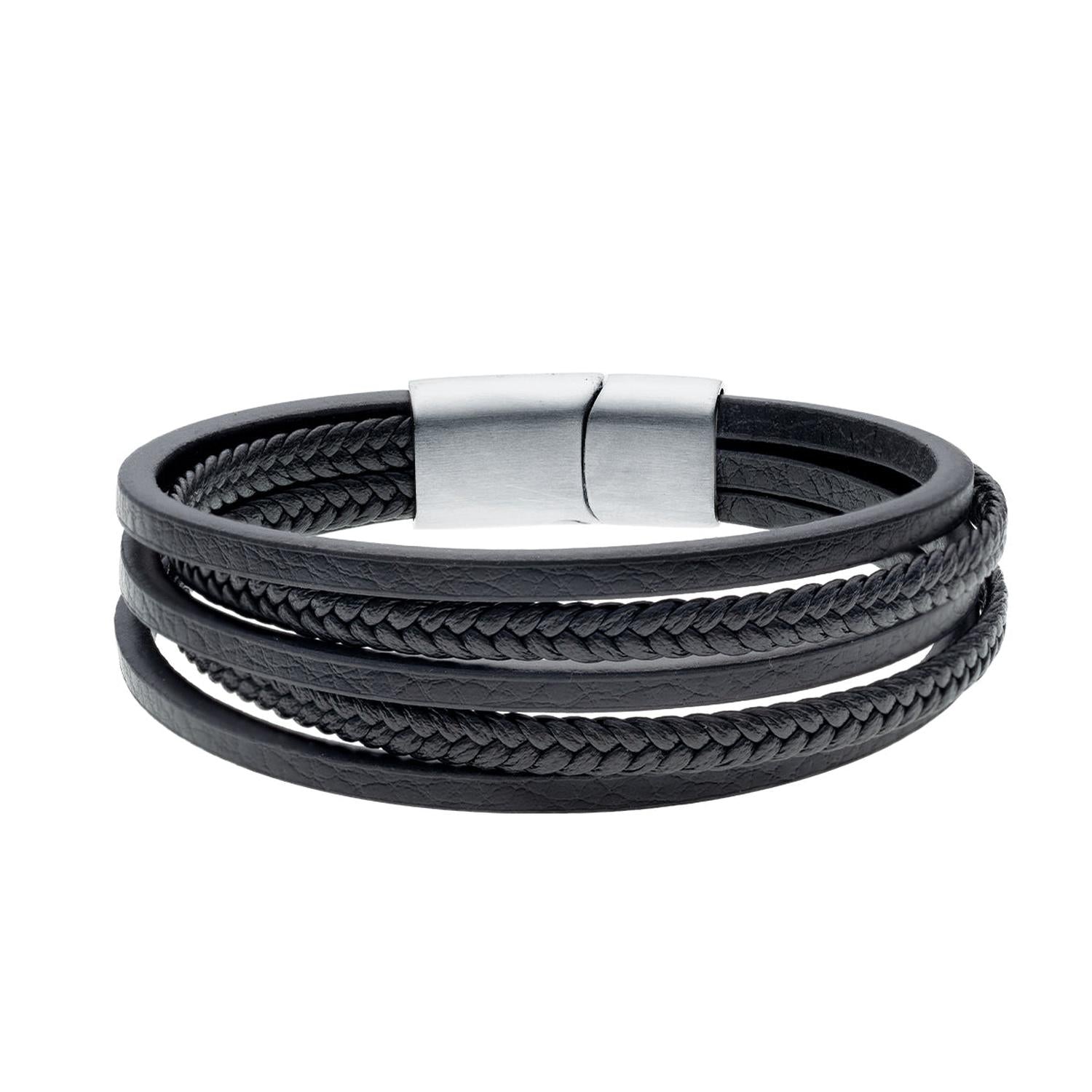 Black mens leather and stainless steel bracelet by Sentiell with braided and smooth leather strands