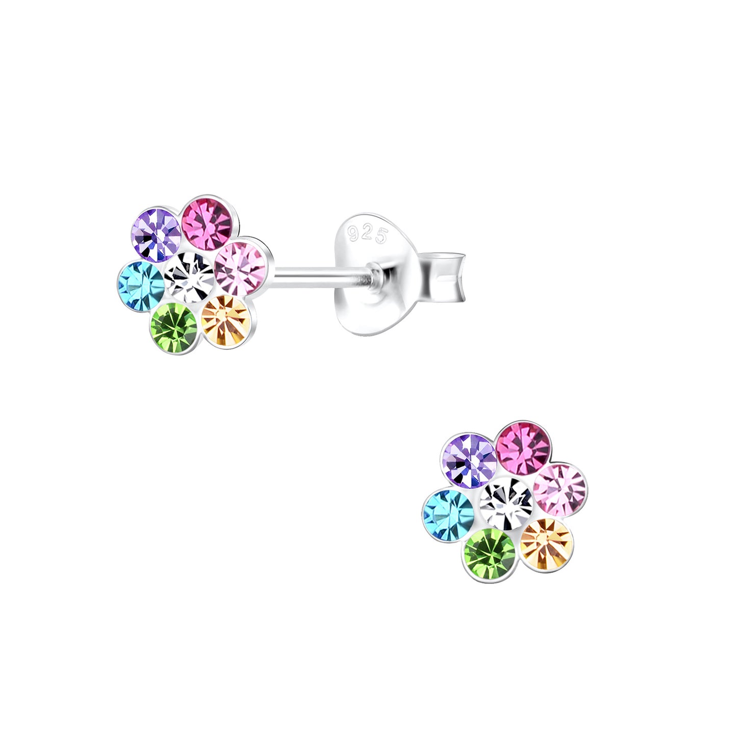 Melchior Jewellery multicoloured diamante stud earrings for girls in flower design with silver backing