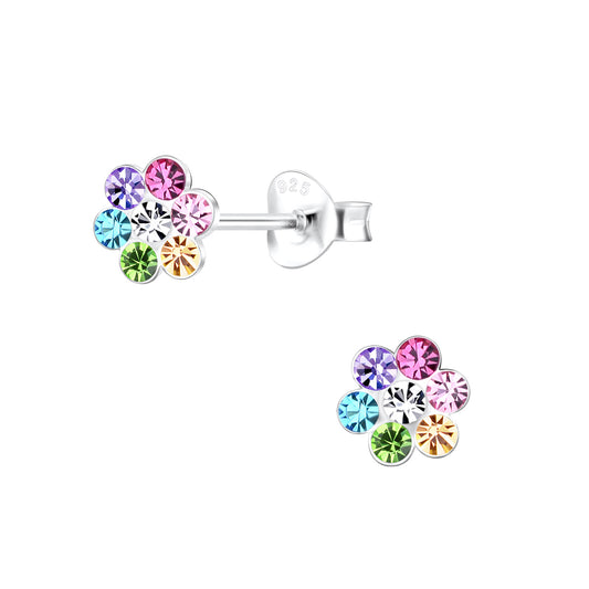 Melchior Jewellery multicoloured diamante stud earrings for girls featuring vibrant flower design