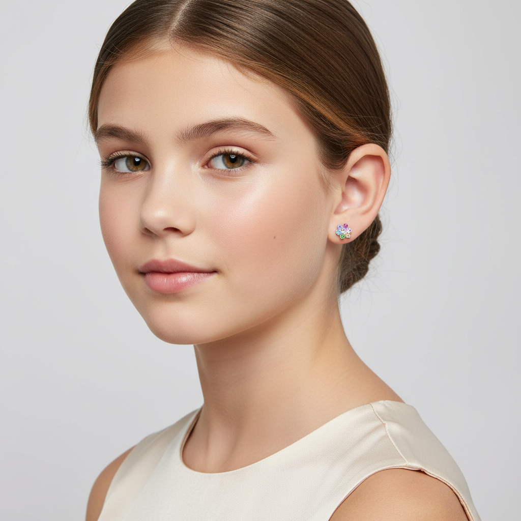 Melchior Jewellery multicoloured diamante stud earrings for girls worn by young girl with brown hair