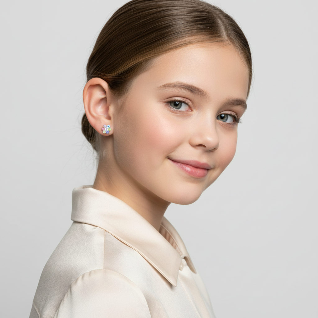 Girl wearing multicoloured diamante stud earrings for girls by Melchior Jewellery with a cream shirt