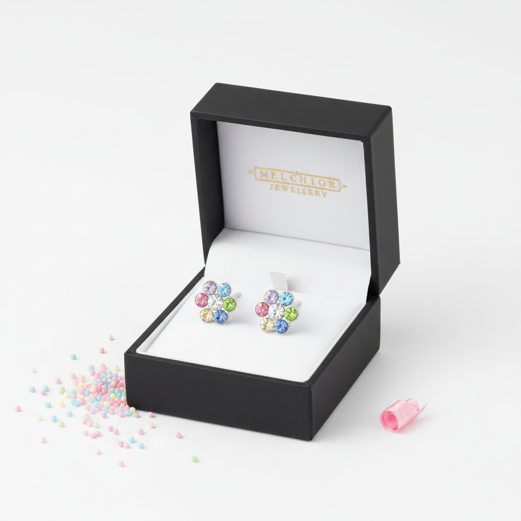 Multicoloured diamante stud earrings for girls in flower design presented in Melchior Jewellery black box