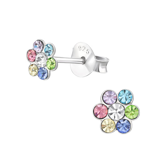 Melchior Jewellery multicoloured diamante stud earrings for girls in flower shape with silver backing