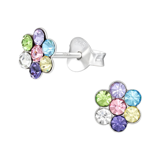 Melchior Jewellery multicoloured diamante stud earrings for kids in flower shape with silver backing