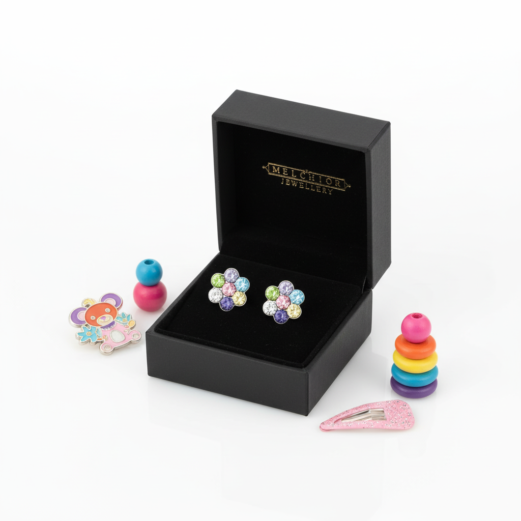 Multicoloured diamante stud earrings for kids displayed in black Melchior Jewellery box with colourful children's toys