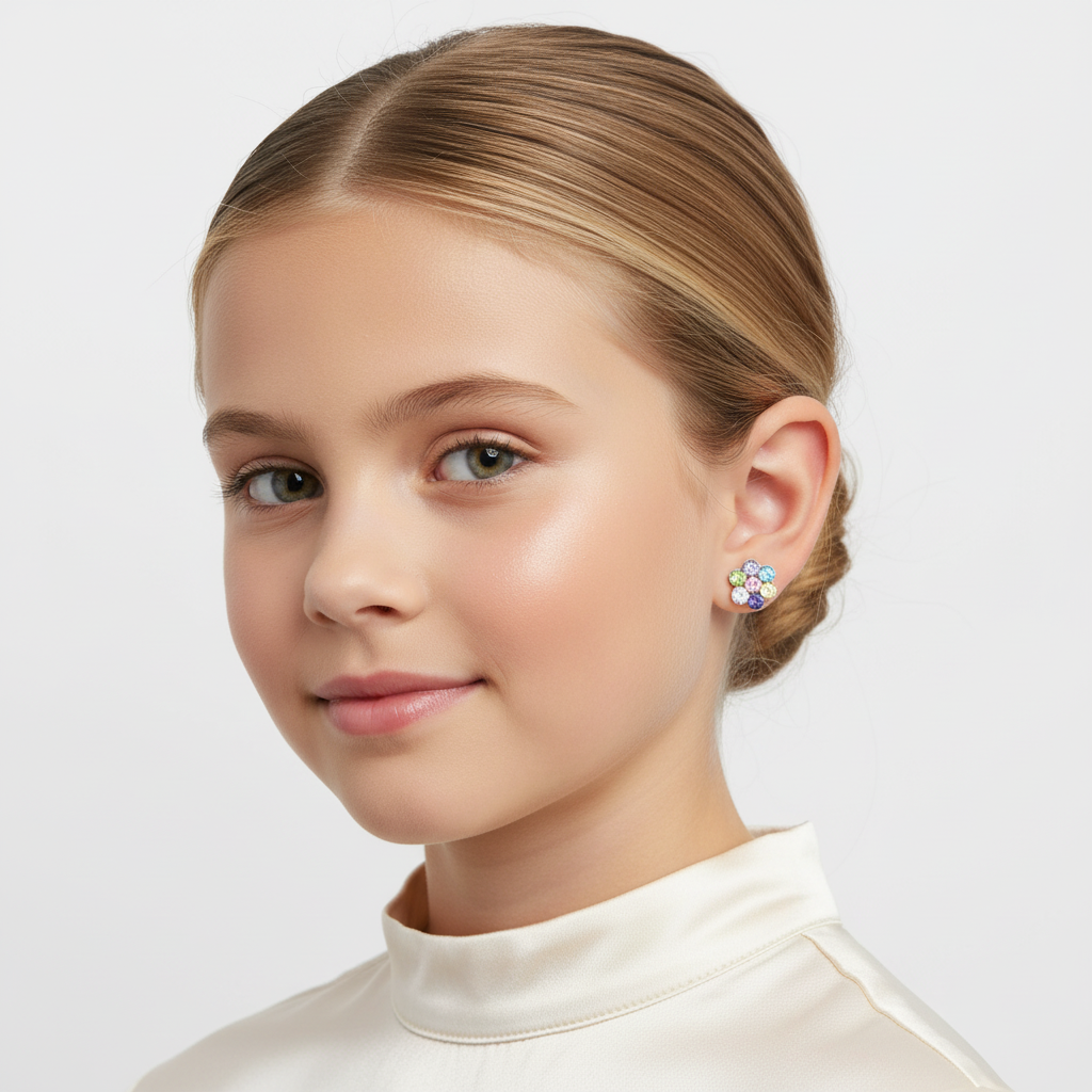 Young girl wearing multicoloured diamante stud earrings for kids by Melchior Jewellery