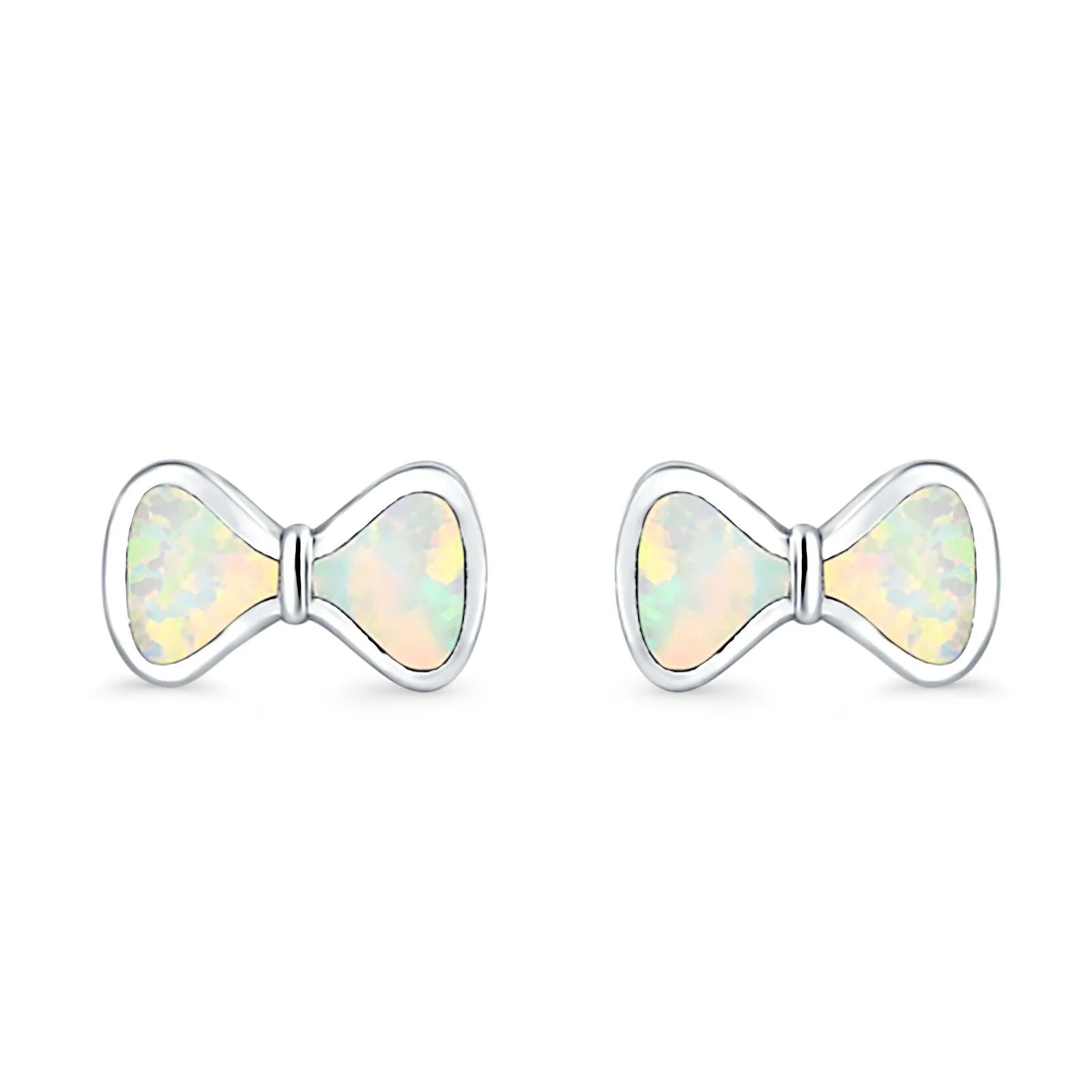 Melchior Jewellery Opal Bow Stud Earrings with iridescent white opal set in polished silver bow design