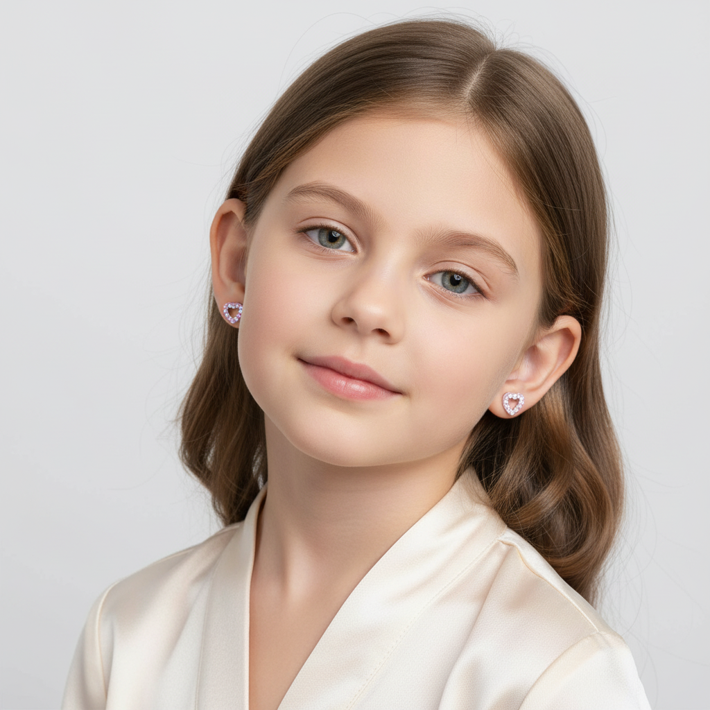 Child wearing Melchior Jewellery open heart earrings for girls in pink with silver setting