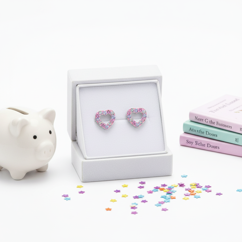 Melchior Jewellery open heart earrings for girls in pink and silver with sparkly stones displayed in white box