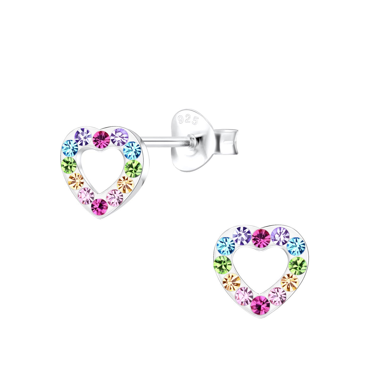 Melchior Jewellery open heart stud earrings kids with multicolour gemstones on sterling silver