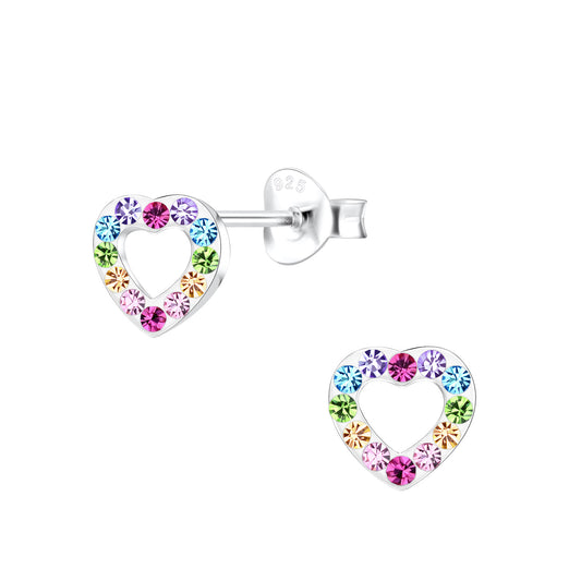 Melchior Jewellery open heart stud earrings kids with multicolour gemstones on sterling silver