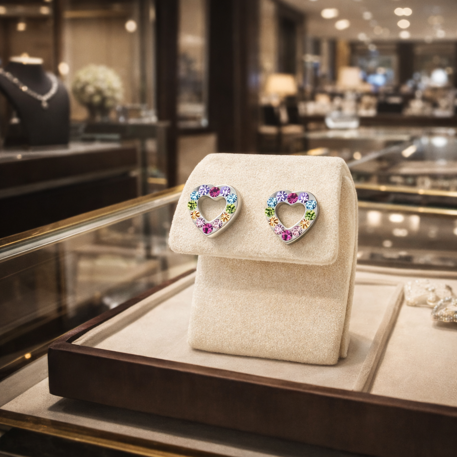 Open heart stud earrings kids with colourful gemstones by Melchior Jewellery displayed on cream stand