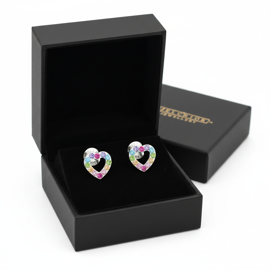 Melchior Jewellery open heart stud earrings kids with colourful gemstones in black gift box